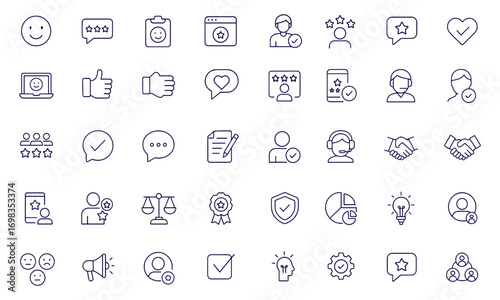 Customer satisfaction, feedback, and experience icon set in clean line style, client review, rating, testimonial, survey, mobile and web app evaluation, user opinion, trust, loyalty, service