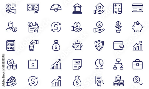 Loan, Credit, Banking, Finance Icon Collection in Line Style, Editable Stroke Vector Illustration with Money, Mortgage, Calculator, Payment, Debt, Savings, Investment, Tax, Economy, Budget