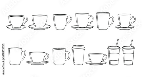 Diverse coffee cup collection line art for menus and cafe branding and marketing materials in black and white