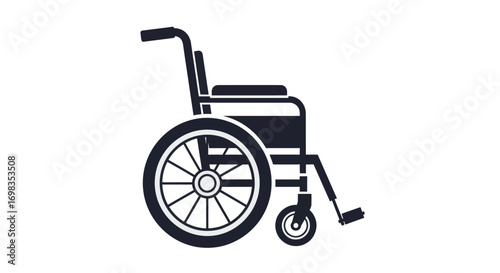 A black silhouette of a standard manual wheelchair with large rear wheels and smaller front casters.