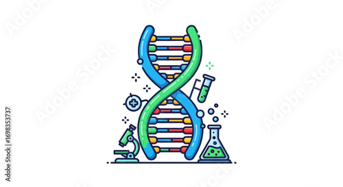 Colorful Illustrated DNA Double Helix with Lab Equipment.