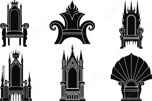 Collection of majestic, ornate throne silhouettes representing power and royalty
