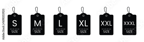 Clothes size vector icons. Sizes Labels Dress symbols S, M, L, XL, XXL 3XL small to extra large.
