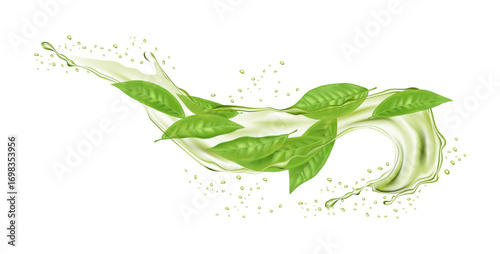 Liquid splashes in motion and swirl water drops with green leaves. Realistic leaf in tea or mint herbal drink. Cold or hot healthy beverage element. Vector 3d isolated on background illustration