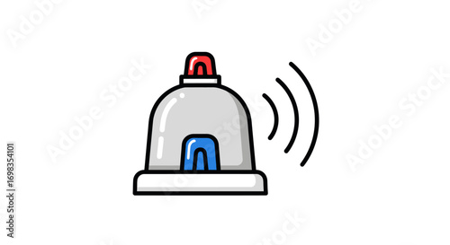 Cartoon illustration of an emergency alarm siren with red and blue lights and sound waves.