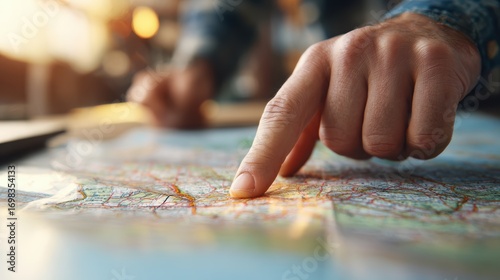 Navigational Exploration: A close-up shot of a hand tracing a route on a detailed map, hinting at travel plans, discovery and adventure.