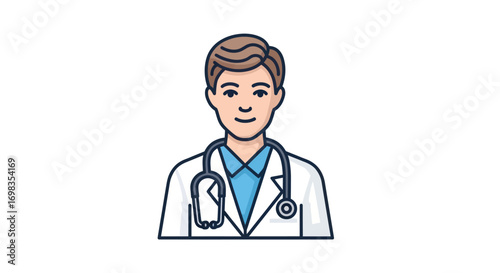 Friendly young male doctor with brown hair and a stethoscope in a white lab coat.