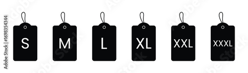 Clothes size vector icons. Sizes Labels Dress symbols S, M, L, XL, XXL 3XL small to extra large.