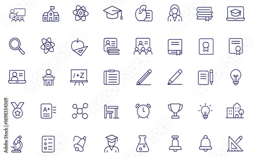 School education icons set, linear style vector illustration for classroom, students, teacher, study, university, book, diploma, knowledge, learning, academic, lecture, graduation, online learning