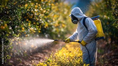 Guardian of the Garden: A masked figure clad in protective gear diligently sprays pesticide over crops, safeguarding the garden with a spray of care.