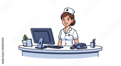 Smiling Female Nurse at Reception Desk with Computer.