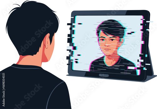 A person sees their reflection on the screen, distorted by digital interference. This is a metaphor for the loss of identity and the replacement of personality with a code.