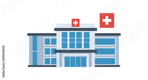 Modern hospital building illustration with a prominent red cross medical symbol.