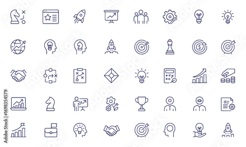 Business strategy line style icons set for web, mobile app, marketing, startup, management, advertising, solutions, teamwork, research, leadership, innovation, finance, growth, goal planning vector