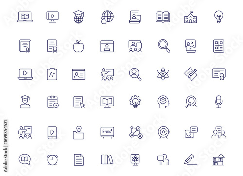 Education icon set, line style vector illustration for online learning, e-learning, school, university, knowledge, webinar, tutorial, training, study, mobile apps, digital course, science, math