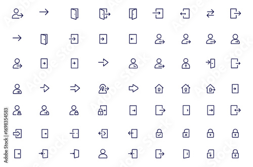 Login logout sign in sign out icon set, enter exit arrows, open close door symbols, black flat style vector icons, user access interface pictograms, secure account login illustration