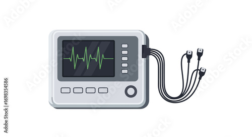 Medical Heart Monitor Displaying Vital Signs and Connected Cables.