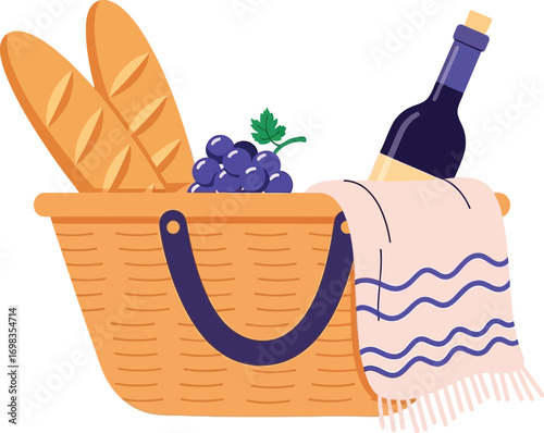 Whimsical picnic basket filled with baguettes, grapes, and wine, ready for an outdoor adventure.