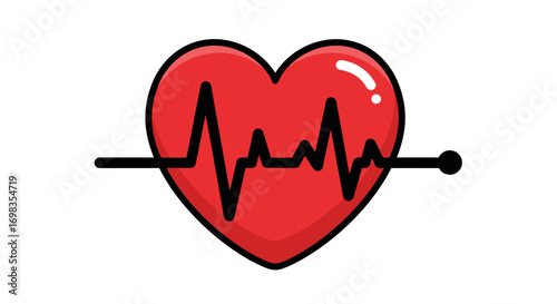 Red Heart with Black Heartbeat Line Illustration.