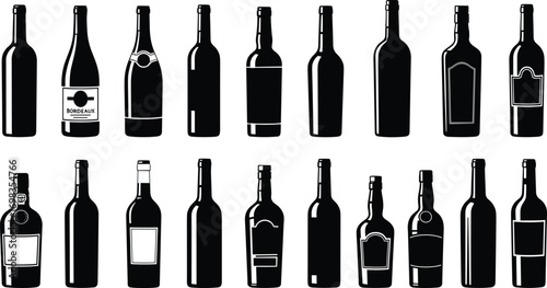 Wine, bottle, silhouettes, collection, shapes, styles, labels, Bordeaux, alcohol, drink, beverage, black, outline, vector, illustration, isolated, design, element, winery, bar, restaurant, icon, set