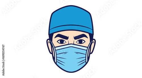 Cartoon Illustration of Man Wearing Blue Cap and Face Mask.