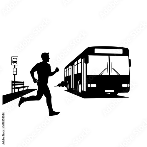 Man running to catch bus silhouette isolated on white background