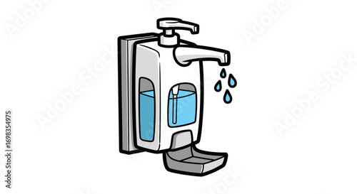 A cartoon illustration of a wall-mounted hand sanitizer dispenser dripping blue liquid.