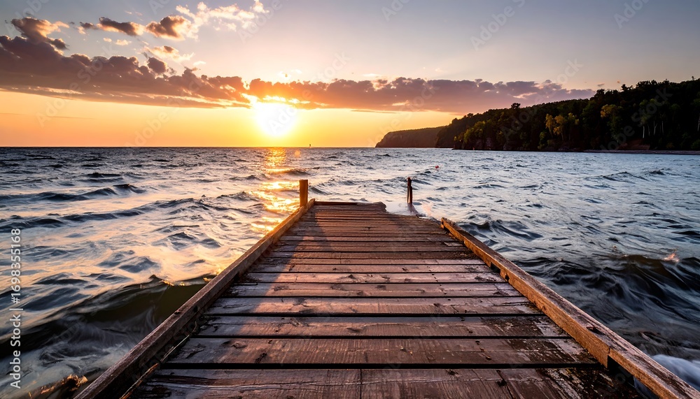 Obraz premium Sunset over a wooden pier on a lake