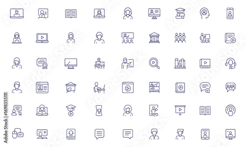 Education icon set, online learning, e-learning, distance study, video tutorial, webinar, lecture, classroom, university, school, student, teacher, laptop, mobile, tablet, digital course, training