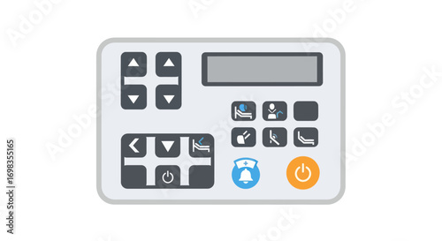 Digital control panel for an adjustable medical hospital bed with function icons and a nurse call button.