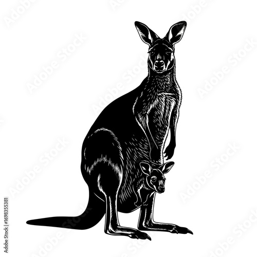 Mother kangaroo and joey silhouette isolated on white background