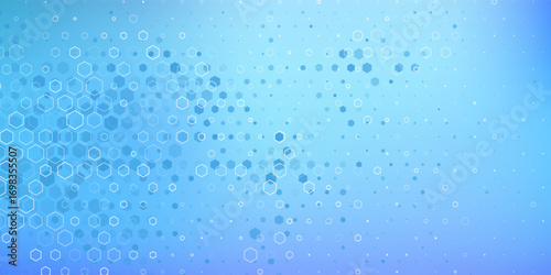 Blue pastel medical and tech background with hexagon pattern and bright sparkles. Realistic vector abstract bg with honeycomb geometric cell texture for medicine and science technology design. Eps10