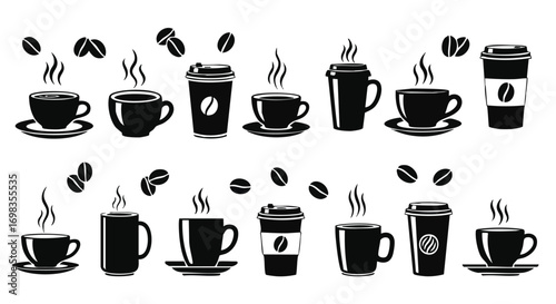 Wallpaper Mural Coffee shop icons for menu design with takeaway cups and beans in a modern, clean black and white style Torontodigital.ca