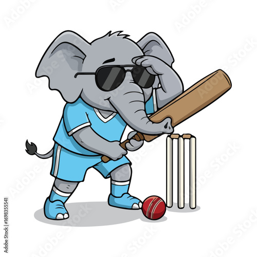 Illustration of cartoon elephant playing cricket with bat and ball isolated on white background