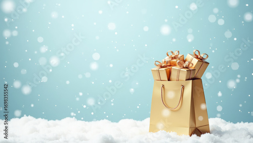 golden full bag with Christmas golden gifts snowfall blue background
