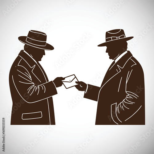 Two men in fedora hats and trench coats exchanging an envelope silhouette vector