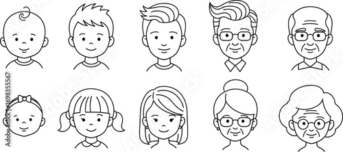Diverse family faces represent different ages and generations in simple outline art.