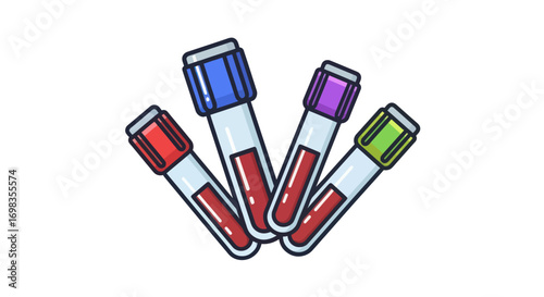Cartoon Blood Test Tubes with Colorful Caps for Medical Analysis.