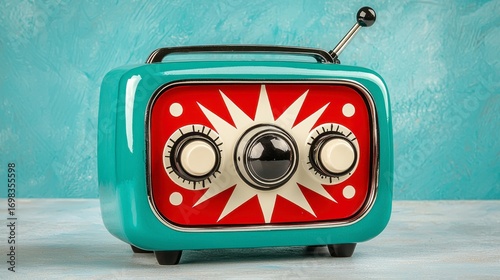 Retro Teal and Red Radio with Starburst Design
