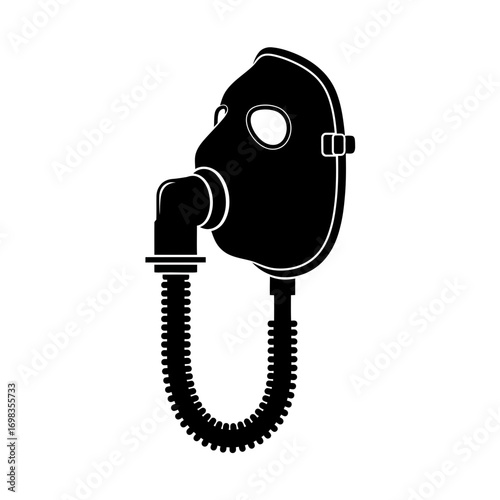Black silhouette of a gas mask with hose isolated on white background