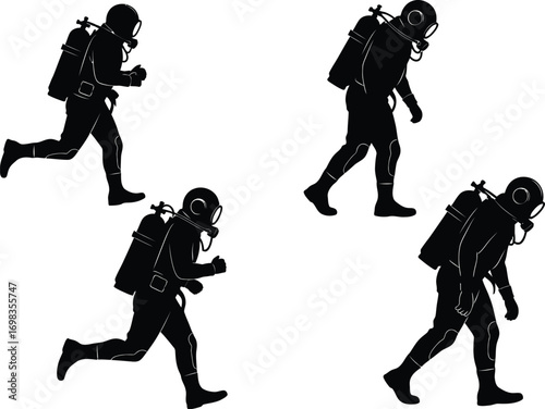 Silhouette of divers in action, one running, others walking with scuba gear