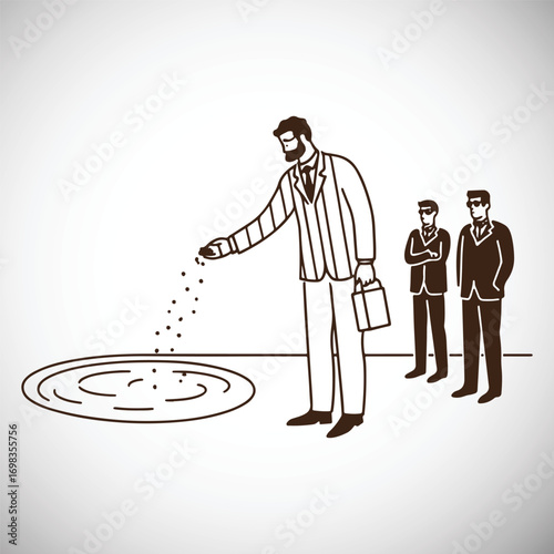Man in striped suit scattering seeds into water with two men in suits watching vector 1