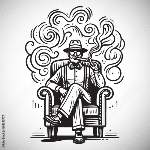 Man in hat and glasses smoking cigar sitting in armchair with swirling smoke vector 1