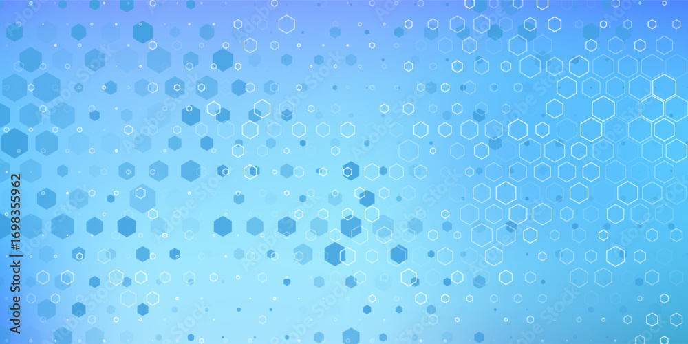 Blue pastel medical and tech background with hexagon pattern and bright sparkles. Realistic vector abstract bg with honeycomb geometric cell texture for medicine and science technology design. Eps10