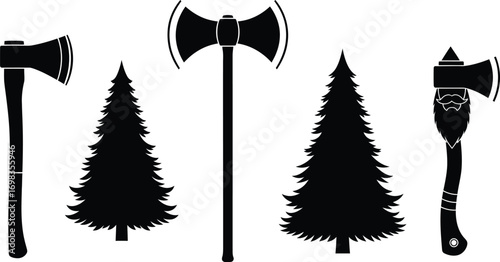 Silhouettes of various axes and pine trees on a white background