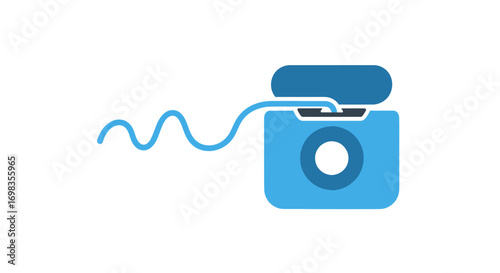 A blue dental floss container with an open lid and a wavy string of floss.