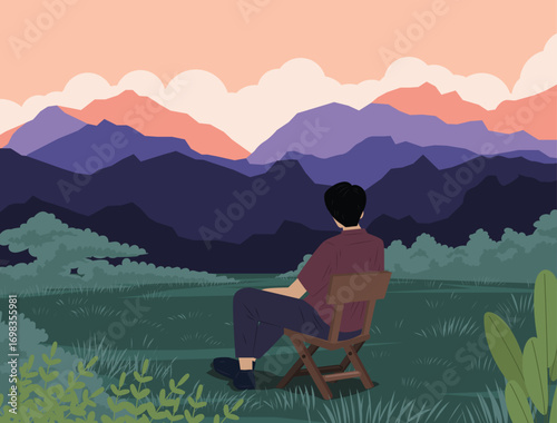 man crying alone in landscape Beautiful landscape and view with sun in background. Unhappiness