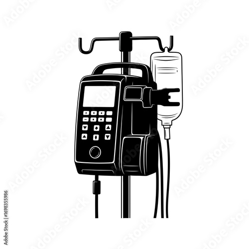 Medical infusion pump with iv bag silhouette isolated on white background