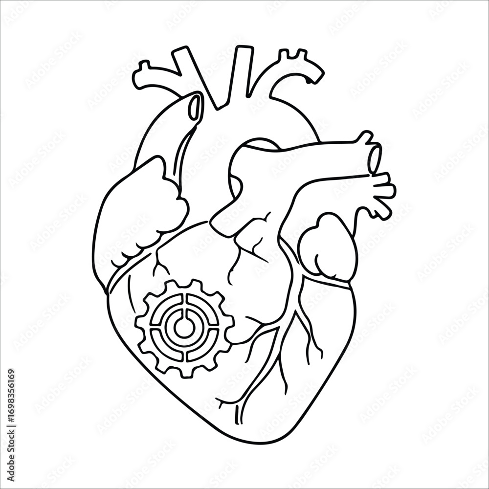 Fototapeta premium Illustration of mechanical heart with gear isolated on white background, representing love and technology