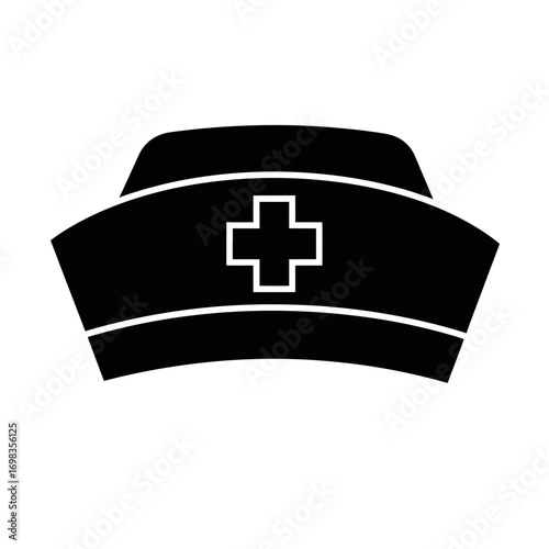Black nurse cap silhouette with white cross isolated on white background